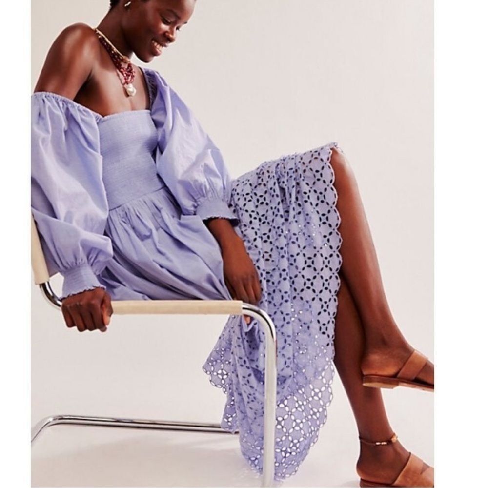 Free People Perfect Storm Smocked Eyelet MIDI Dress in Blue Heron